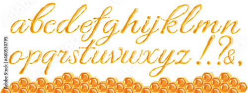 Vector honey font on white background. Latin alphabet, shiny sweet letters.