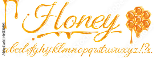 Vector honey font on white background. Latin alphabet. Honey inscription. Sweet letters.