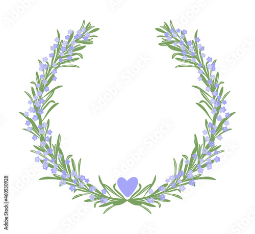 Wedding wreath of green twigs and lilac small flowers with a heart. Vector illustration isolated.