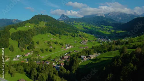 Aerial view of the village Vorderthal in Switzerland on a sunny day in summer. photo