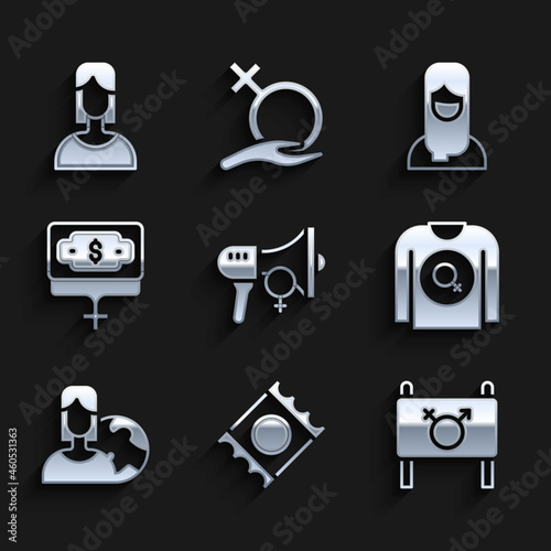 Set Feminist activist, Condom package, shirt, Women from different countries, Money growth woman, Muslim hijab and Female icon. Vector