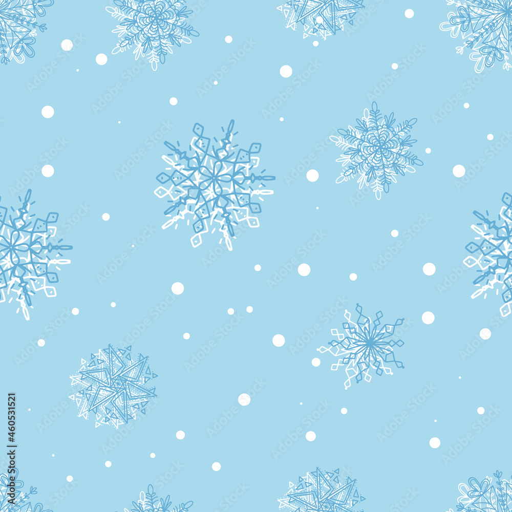 Beautiful pattern of white snowflakes on a blue background for winter design. Collection of Christmas New Year. Frozen silhouettes of crystal snowflakes. Modern designer apartment. Holiday wallpapers.