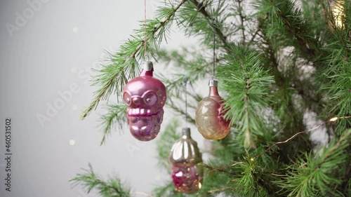 Christmas or New Year composition with festive fir-tree, vintage glass balls and toys. .The concept of preparing for the new year and christmas.