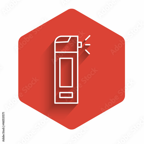 White line Medical bottle with nozzle spray for the treatment of diseases of the nose and throat icon isolated with long shadow. Red hexagon button. Vector Illustration