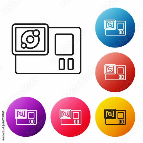 Black line Action extreme camera icon isolated on white background. Video camera equipment for filming extreme sports. Set icons colorful circle buttons. Vector