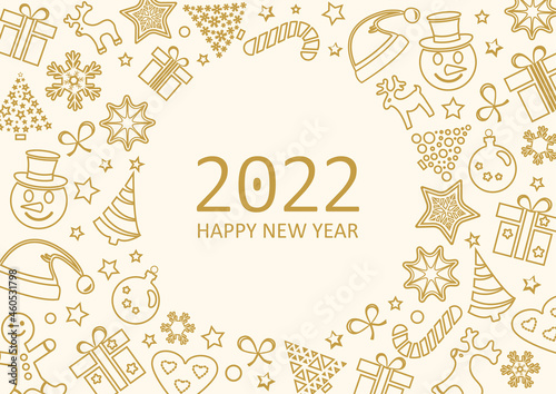 2022 Happy New Year, Christmas greeting card, holiday background, golden banner. Vector illustration