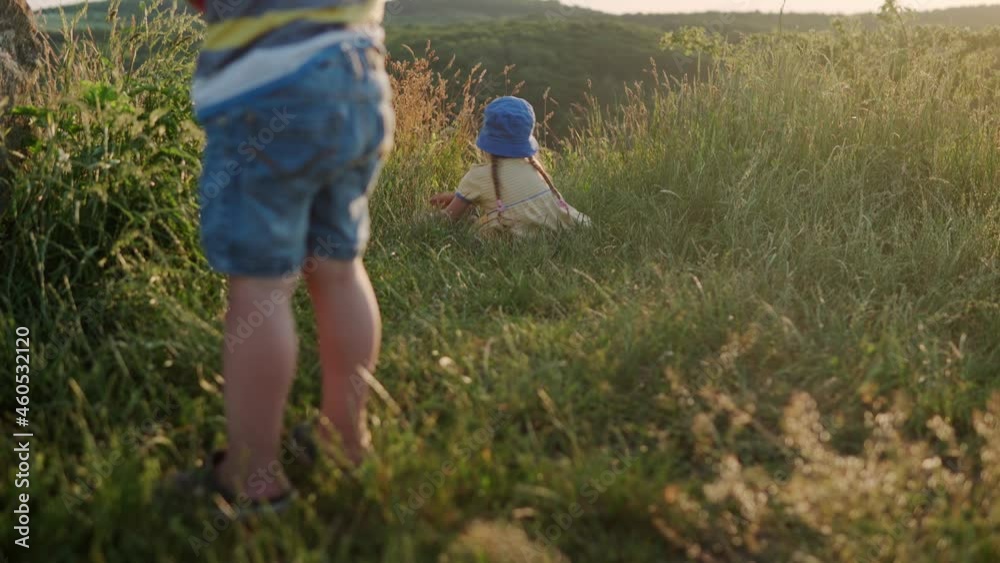 cute preschool little baby girl and boy sitting on top of mountain in tall grass before sunset. Child walking in wild field meadow. Happy kid on mountains. childhood, nature, lifestyle, summer concept