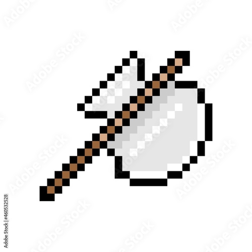 Pixel battle ax. Heavy medieval weapon with pixelated wide blade. Epic chopper for an 8bit fantasy vector game.