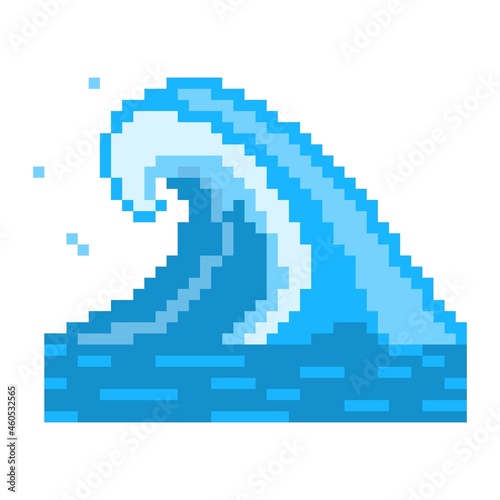 Sea storm pixel wave. Oceanic tsunami with huge blue ridges and white foam. Powerful tidal current with hurricane waves
