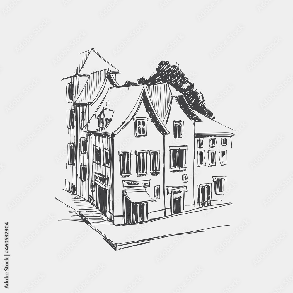 Hand-drawn corner of a traditional European street. Sketch of ancient European architecture of the19th century. Vector illustration on a light background.