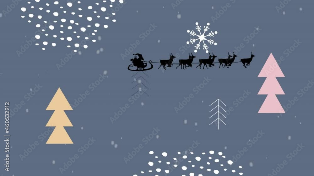 Santa claus in sleigh being pulled by reindeers against christmas tree icons on grey background Santa claus in sleigh being pulled by reindeers against christmas tree icons on grey background