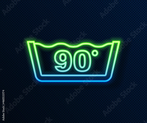 Glowing neon line Washing under 90 degrees celsius icon isolated on blue background. Temperature wash. Vector