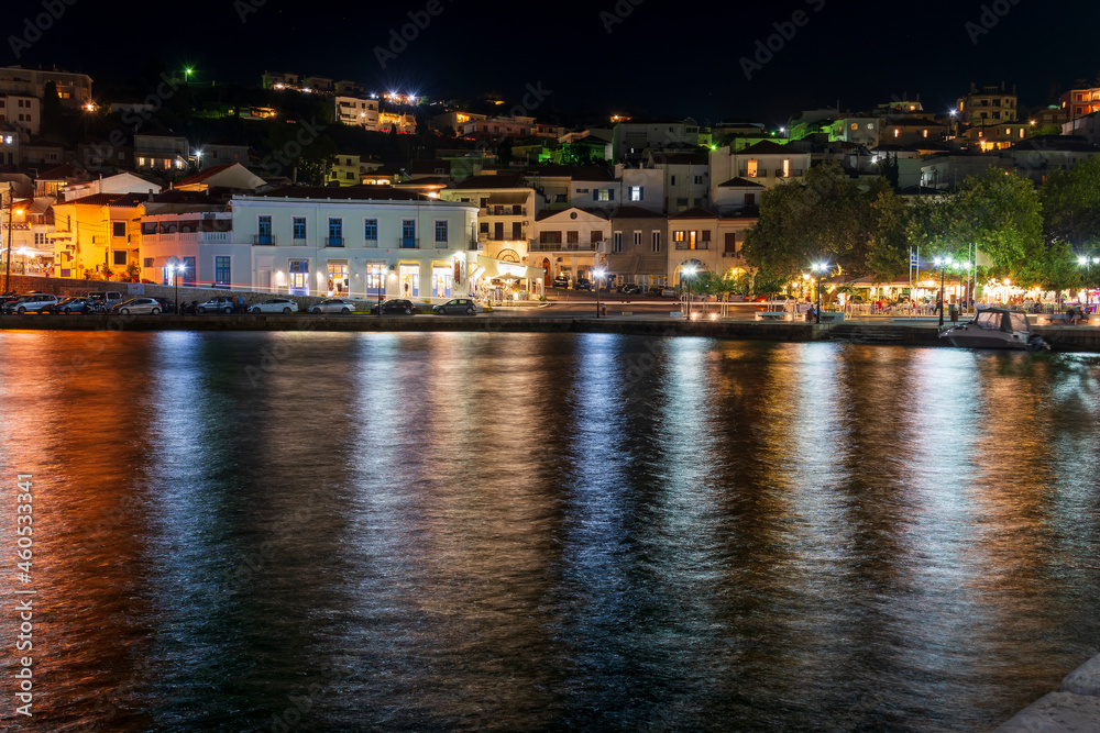 View of the town of Pylos located at southern Greece, captured at night.