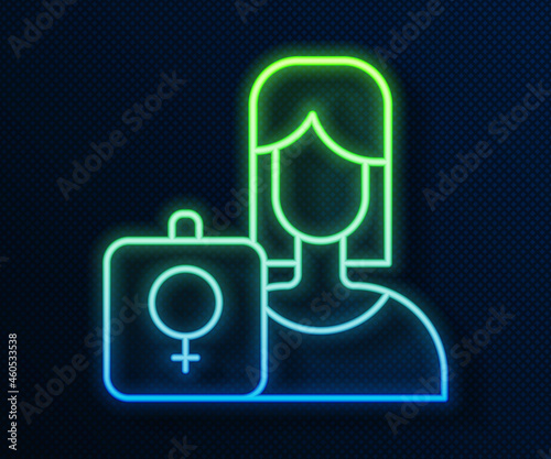Glowing neon line Female movement, feminist activist with banner and placards icon isolated on blue background. Feminist rights movement, feminism sisterhood. Vector