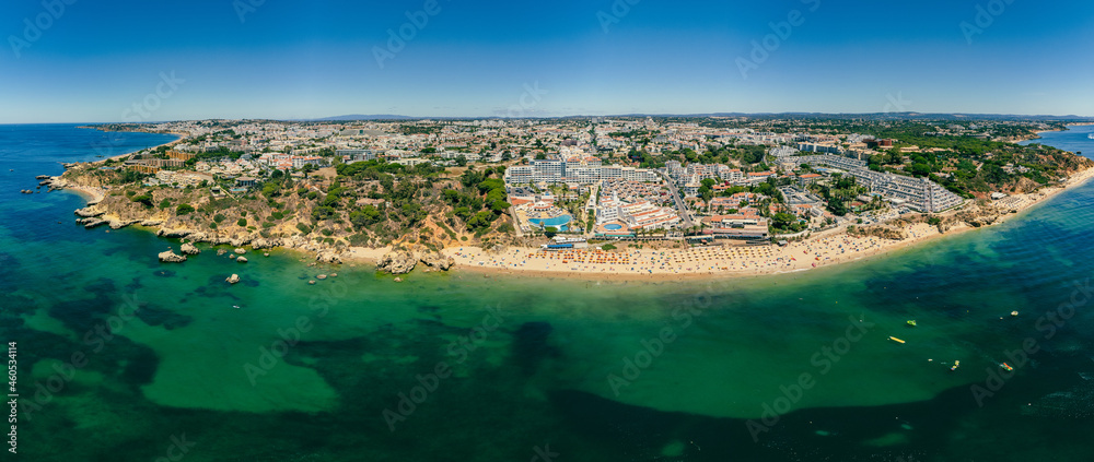 Aerial drone view of Oura beach (Praia da Oura). Albufeira, Algarve, Portugal