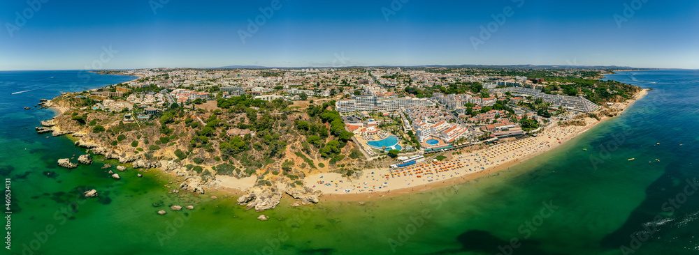 Aerial drone view of Oura beach (Praia da Oura). Albufeira, Algarve, Portugal