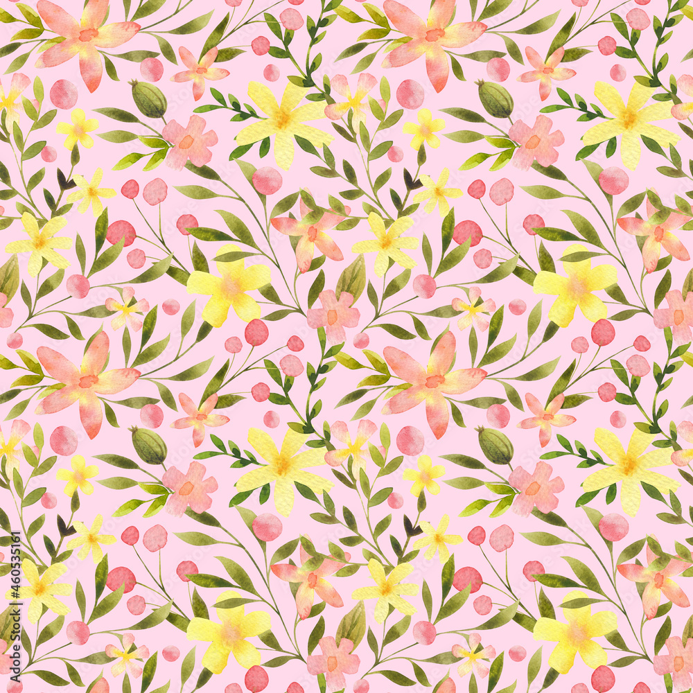 Floral seamless pattern on pink background. Hand drawn in watercolor botanical repeat print. Flowers and leaves design. Cute background for textile, fabric, wrapping paper, packaging, wallpaper. Floral seamless pattern on pink background. Hand drawn in watercolor botanical repeat print. Flowers and leaves design. Cute background for textile, fabric, wrapping paper, packaging, wallpaper.