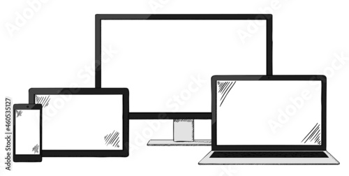 Sketch style colorful illustration of standing laptop, monitor or tv set with tablet and smartphone. Objects are isolated on white background.