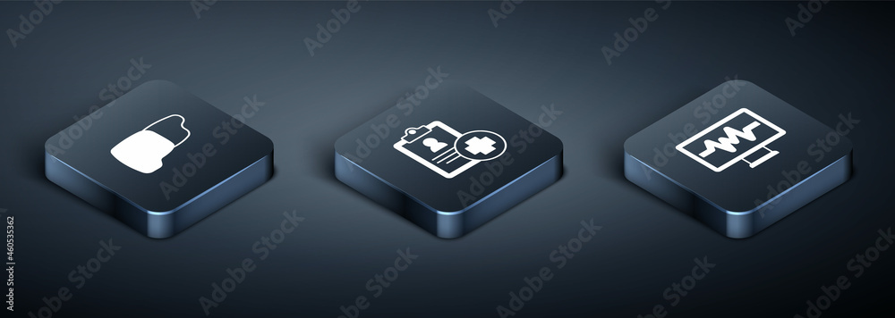Set Isometric Human organ liver, Monitor with cardiogram and Patient record icon. Vector Set Isometric Human organ liver, Monitor with cardiogram and Patient record icon. Vector