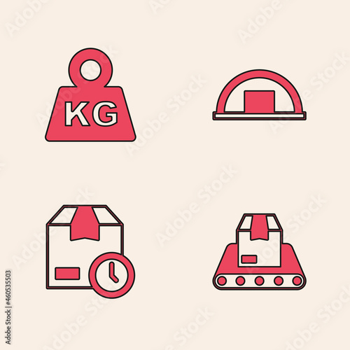 Set Conveyor belt with box, Weight, Warehouse and Cardboard clock icon. Vector