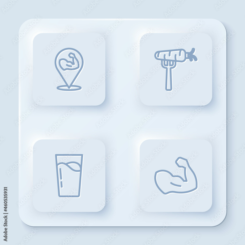 Set line Bodybuilder muscle, Carrot on fork, Glass with water and . White square button. Vector Set line Bodybuilder muscle, Carrot on fork, Glass with water and . White square button. Vector