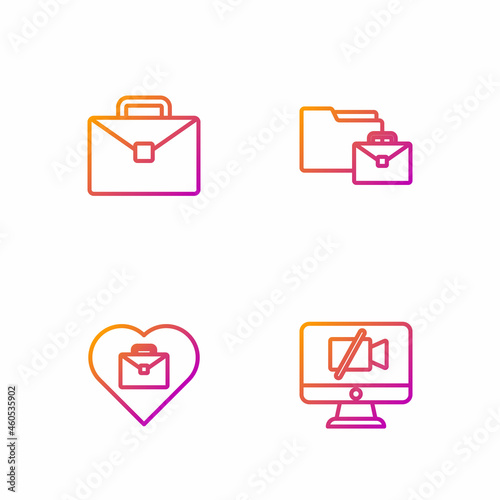 Set line Video camera Off on computer, Heart with text work, Briefcase and Online working. Gradient color icons. Vector