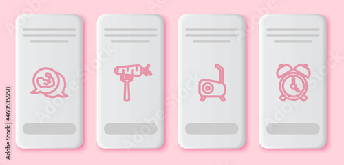 Set line Bodybuilder muscle, Carrot on fork, Stationary bicycle and Alarm clock. White rectangle button. Vector