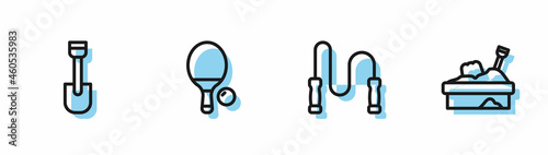 Set line Jump rope, Shovel toy, Racket and ball and Sandbox with sand icon. Vector