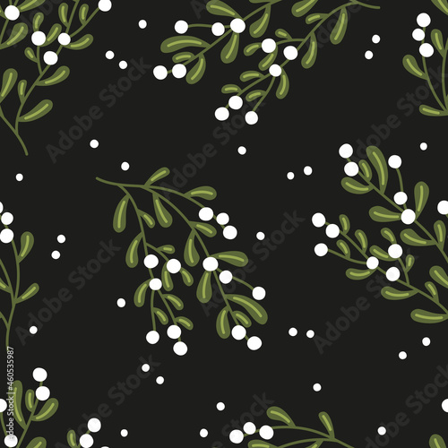 Mistletoe on a black background. Christmas seamless pattern