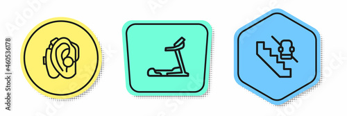 Set line Hearing aid, Treadmill machine and Disabled elevator. Colored shapes. Vector
