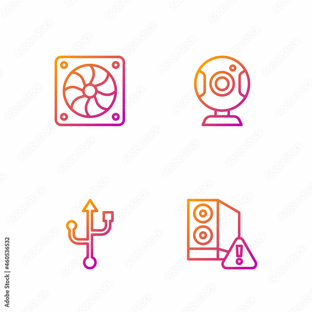 Set line Case of computer, USB, Computer cooler and Web camera. Gradient color icons. Vector
