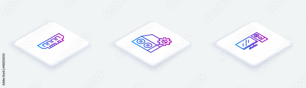 Set Isometric line RAM, random access memory, Case of computer and Computer monitor. White square button. Vector Set Isometric line RAM, random access memory, Case of computer and Computer monitor. White square button. Vector