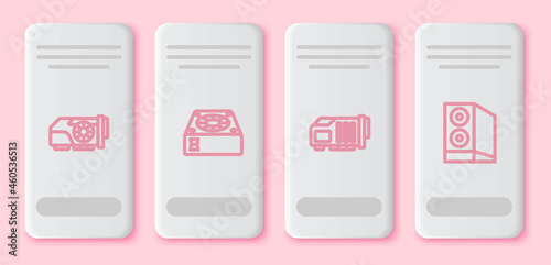 Set line Video graphic card, Computer cooler, and Case of computer. White rectangle button. Vector