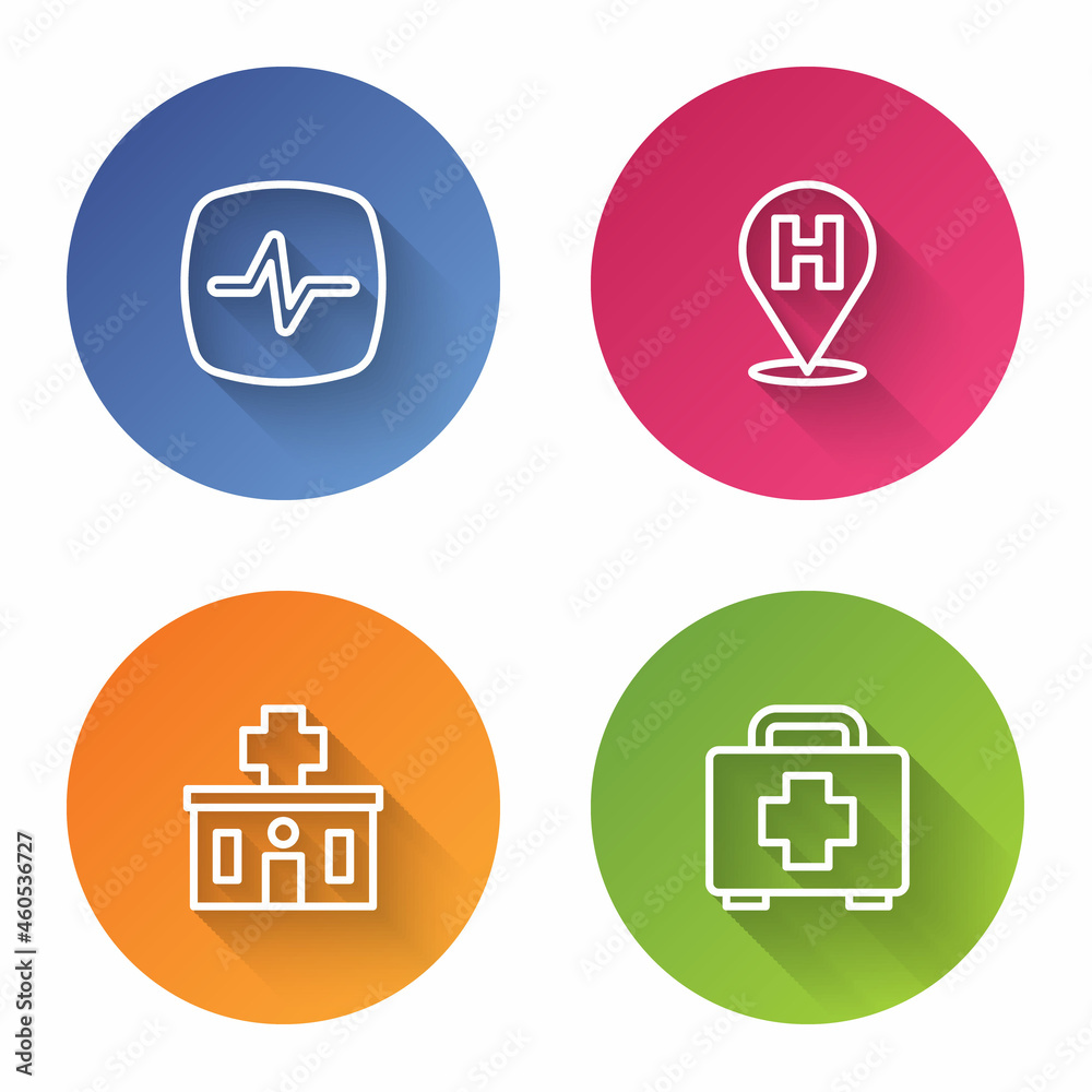Set line Heart rate, Location hospital, Hospital building and First aid kit. Color circle button. Vector Set line Heart rate, Location hospital, Hospital building and First aid kit. Color circle button. Vector