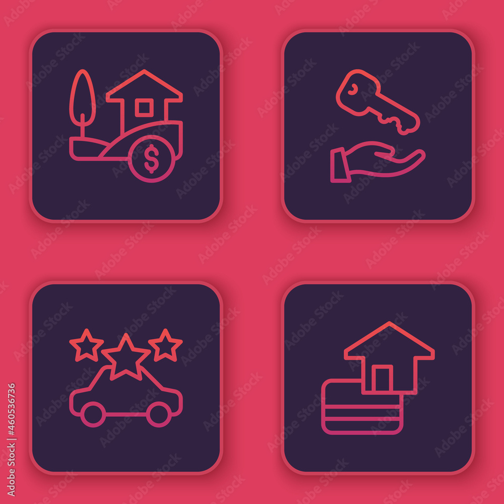 Set line House with dollar, Car sharing, key and Credit card. Blue square button. Vector Set line House with dollar, Car sharing, key and Credit card. Blue square button. Vector