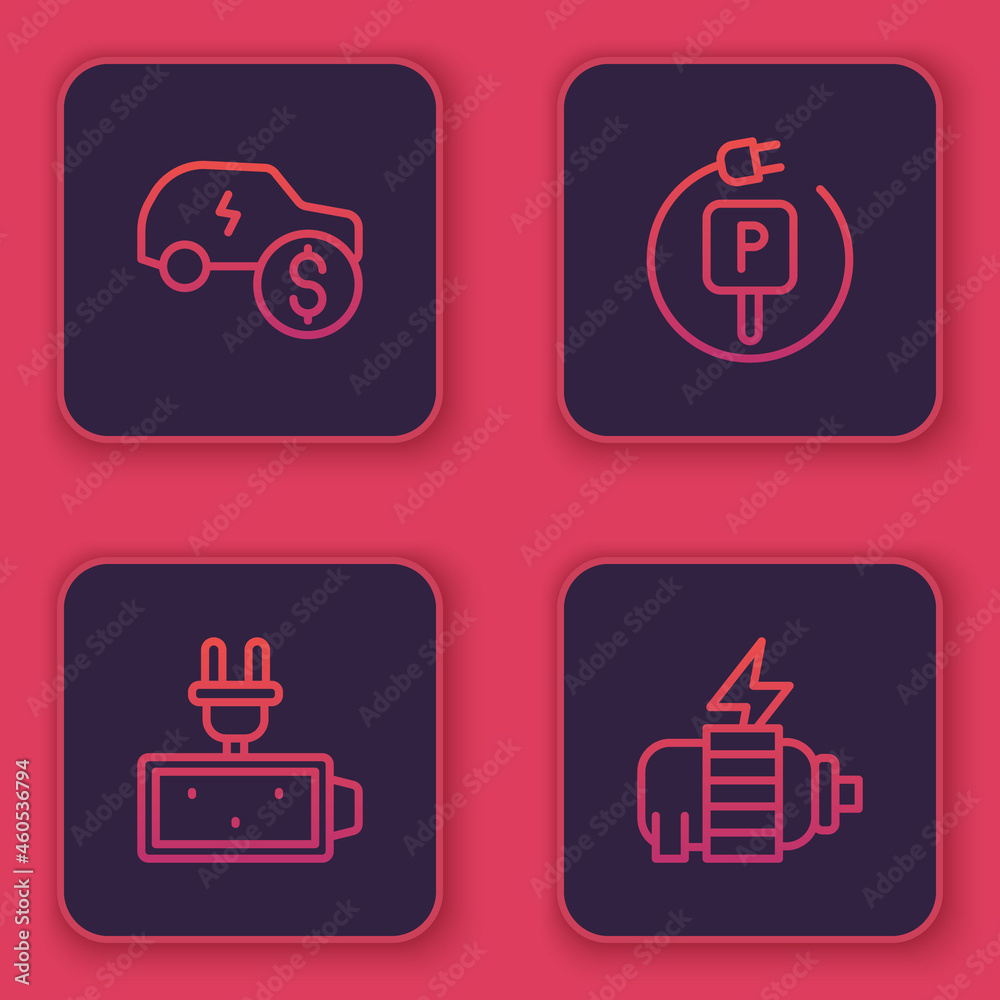 Set line Electric car price, Battery charge, Charging parking electric and motor. Blue square button. Vector Set line Electric car price, Battery charge, Charging parking electric and motor. Blue square button. Vector