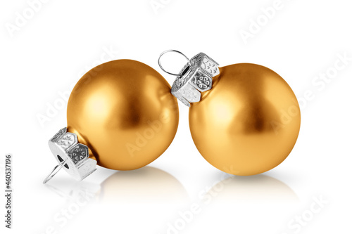 Gold christmas balls isolated over white background.
