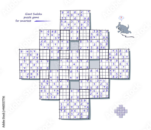 Logic game for smartest. Giant Sudoku. Big size puzzle with 9 squares, difficult level. Printable page for kids brain teaser book. Developing counting skills. Play online. Vector illustration.
