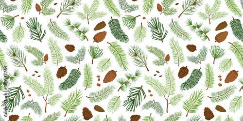 Pine and branch fir seamless pattern, tree and cone, evergreen spruce, Christmas and New Year background. Cartoon illustration
