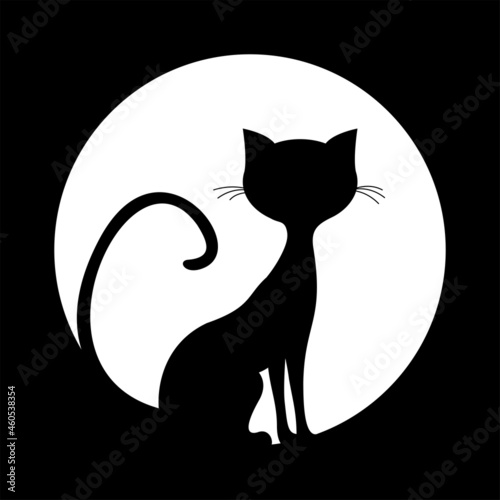 Simple silhouette of black cat under full moon. Halloween illustration.