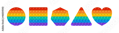 Popit vector toy, rainbow push bubbles, sensory game, fidget set. Antistress finger gadget. Colorful pop it collection isolated on white background. Trendy kids illustration