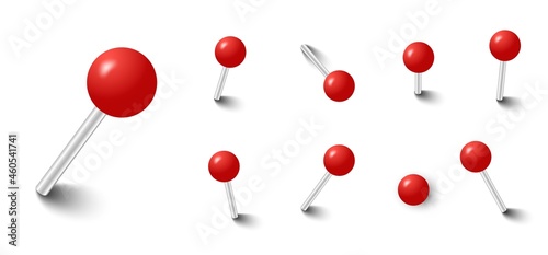 Red push pins. Pinned office thumbtack. Vector pushpin attach collection