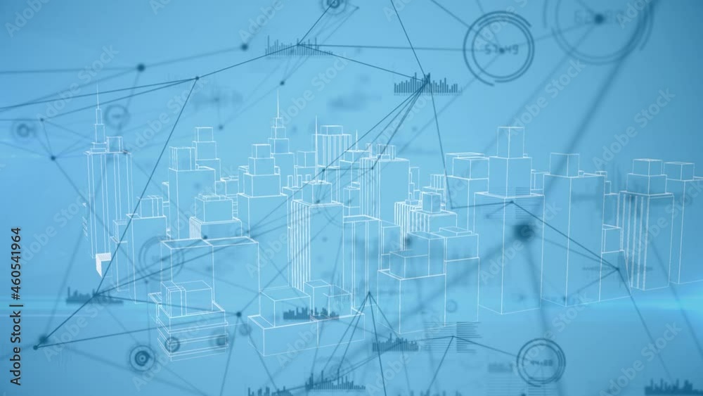 Animation of network of connections and data processing over city on blue background Animation of network of connections and data processing over city on blue background