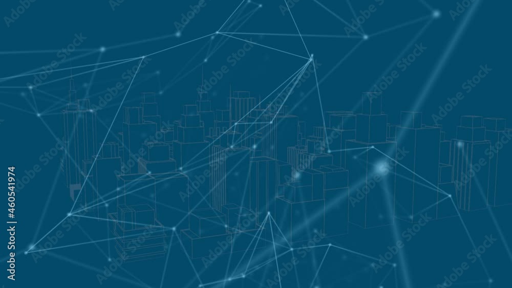 Animation of network of connections over city on blue background Animation of network of connections over city on blue background