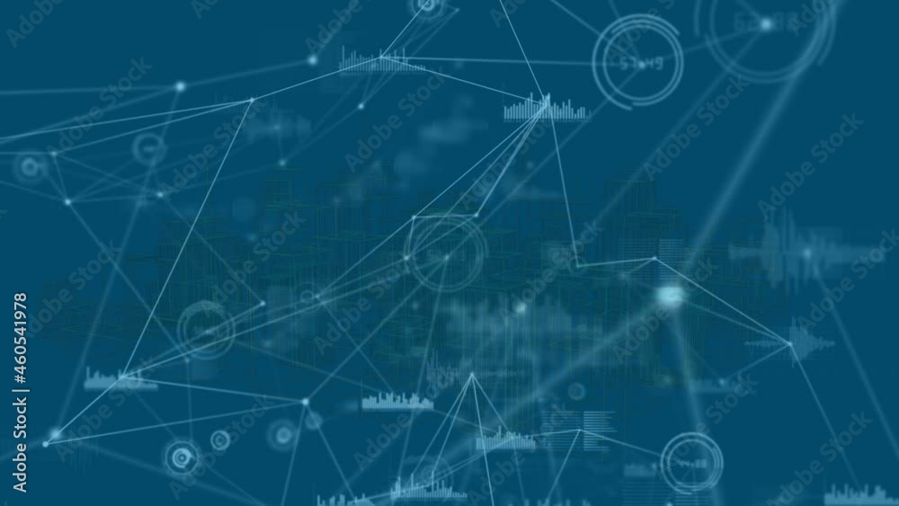 Animation of network of connections and data processing over city on blue background Animation of network of connections and data processing over city on blue background