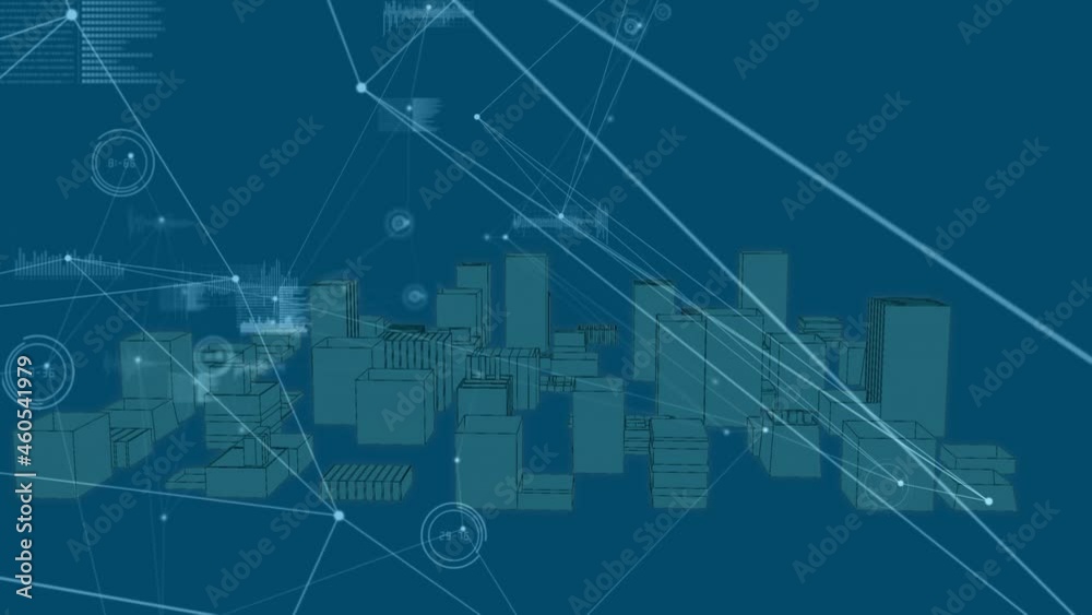 Animation of network of connections and data processing over city on blue background Animation of network of connections and data processing over city on blue background