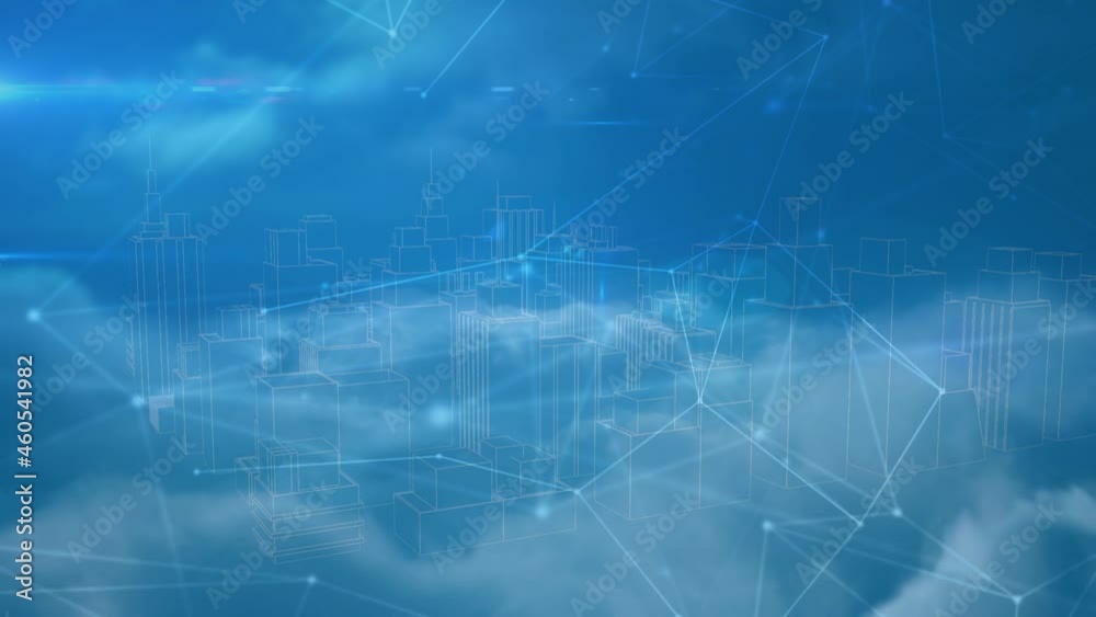 Animation of network of connections over city and clouds Animation of network of connections over city and clouds