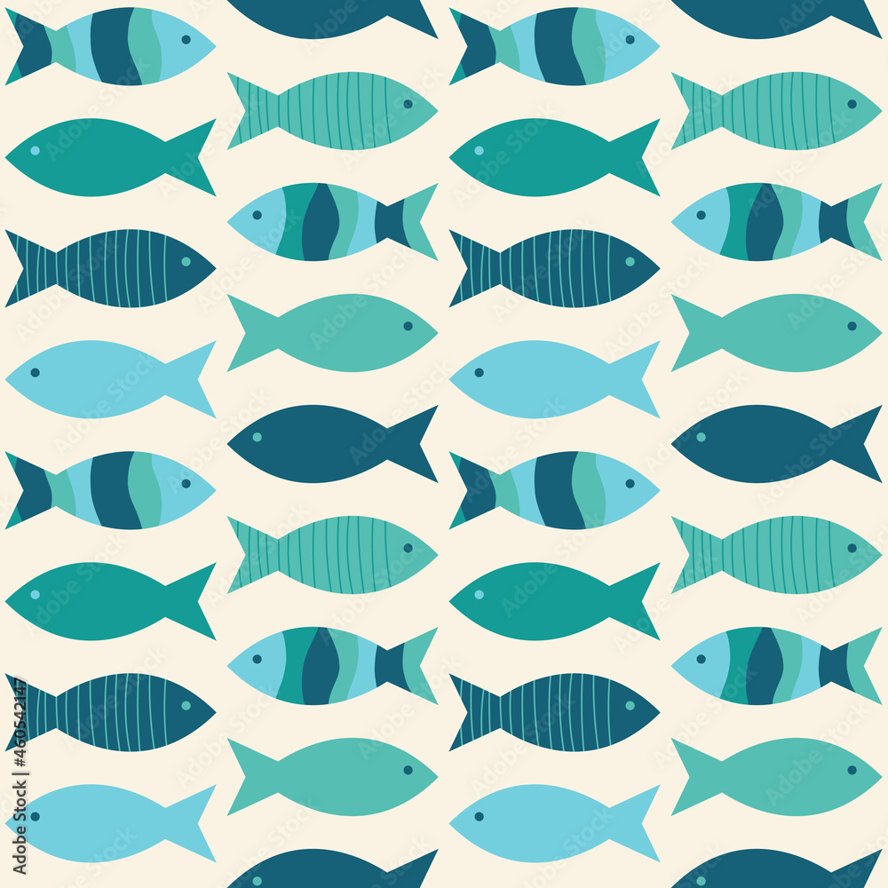 Coastal fish seamless vector pattern. Aqua blue and teal green fish on a light sand background. Modern, geometric repeat illustration. Ocean, sea, beach, marine life, underwater themed graphic print. 