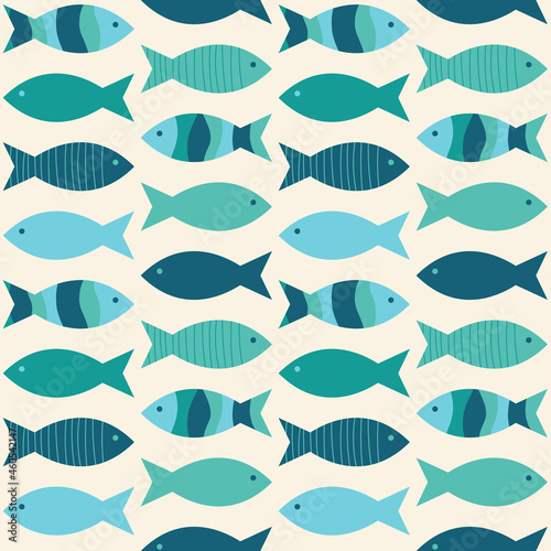 Coastal fish seamless vector pattern. Aqua blue and teal green fish on a light sand background. Modern, geometric repeat illustration. Ocean, sea, beach, marine life, underwater themed graphic print. 