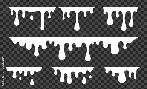 White melt drips, milk yogurt flowing drops. Vector graffiti paint drip blobs